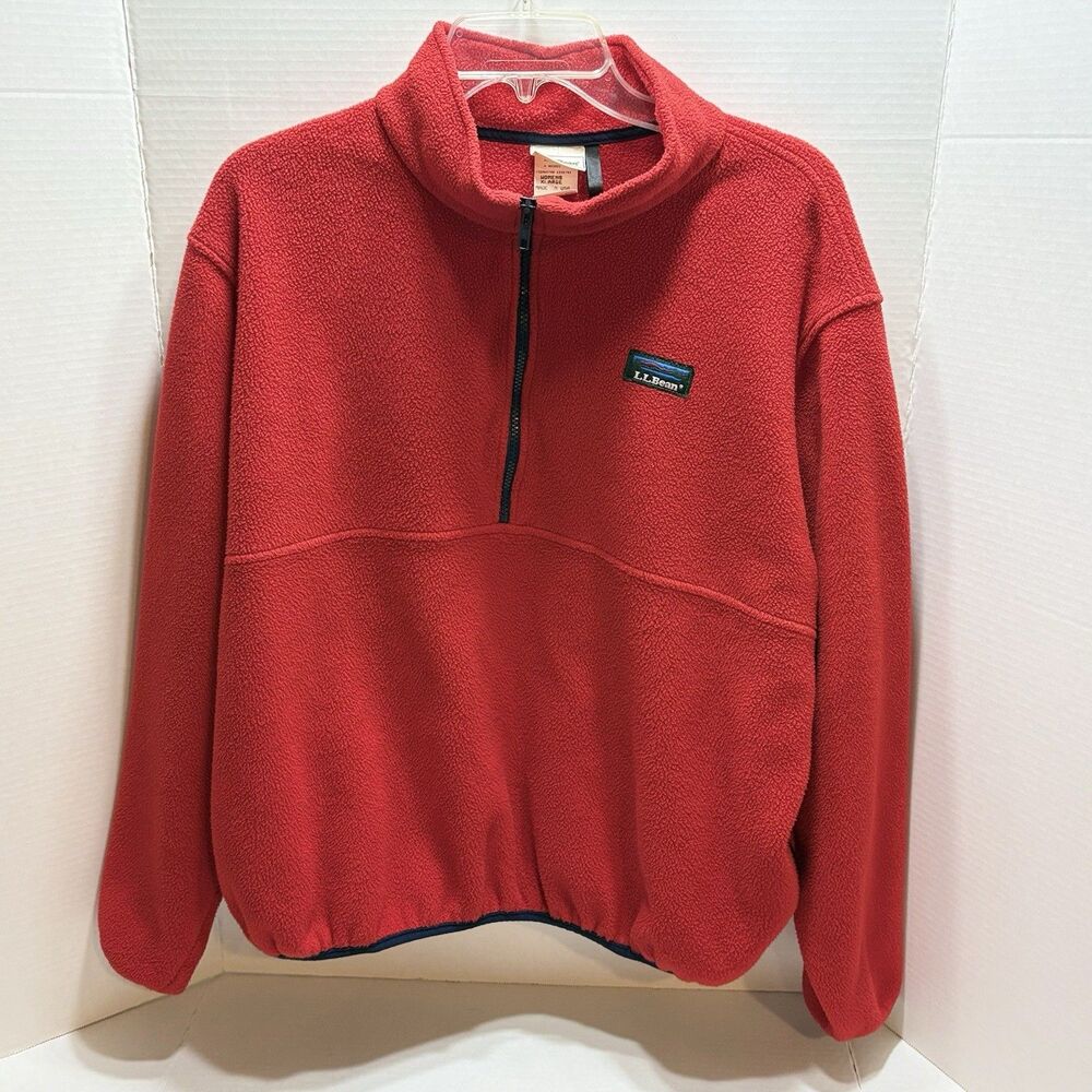 L.L. BEAN Woman Vintage Red Half Zipper Fleece Sweatshirt Pockets Logo XL